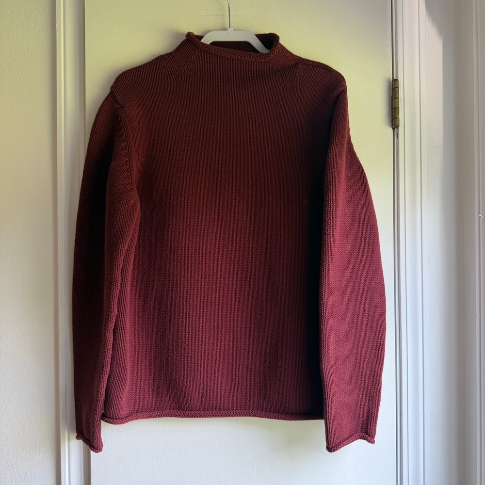 Vintage J. Crew Burgundy 100% Cotton Roll Neck Chunky Knit Sweater L-Tall